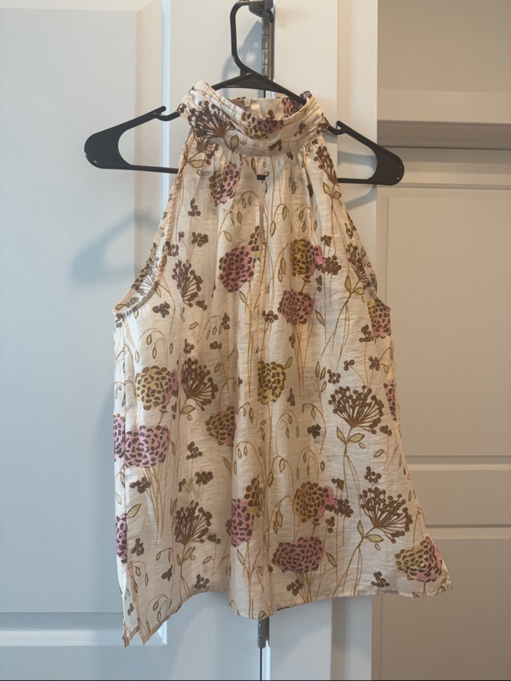 High-Neck Floral Halter Camisole - Cream with Pink & Brown Floral Print